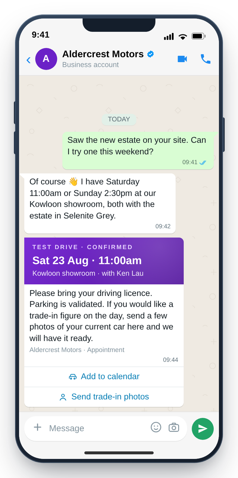 WhatsApp test-drive appointment confirmation with calendar and trade-in photo buttons