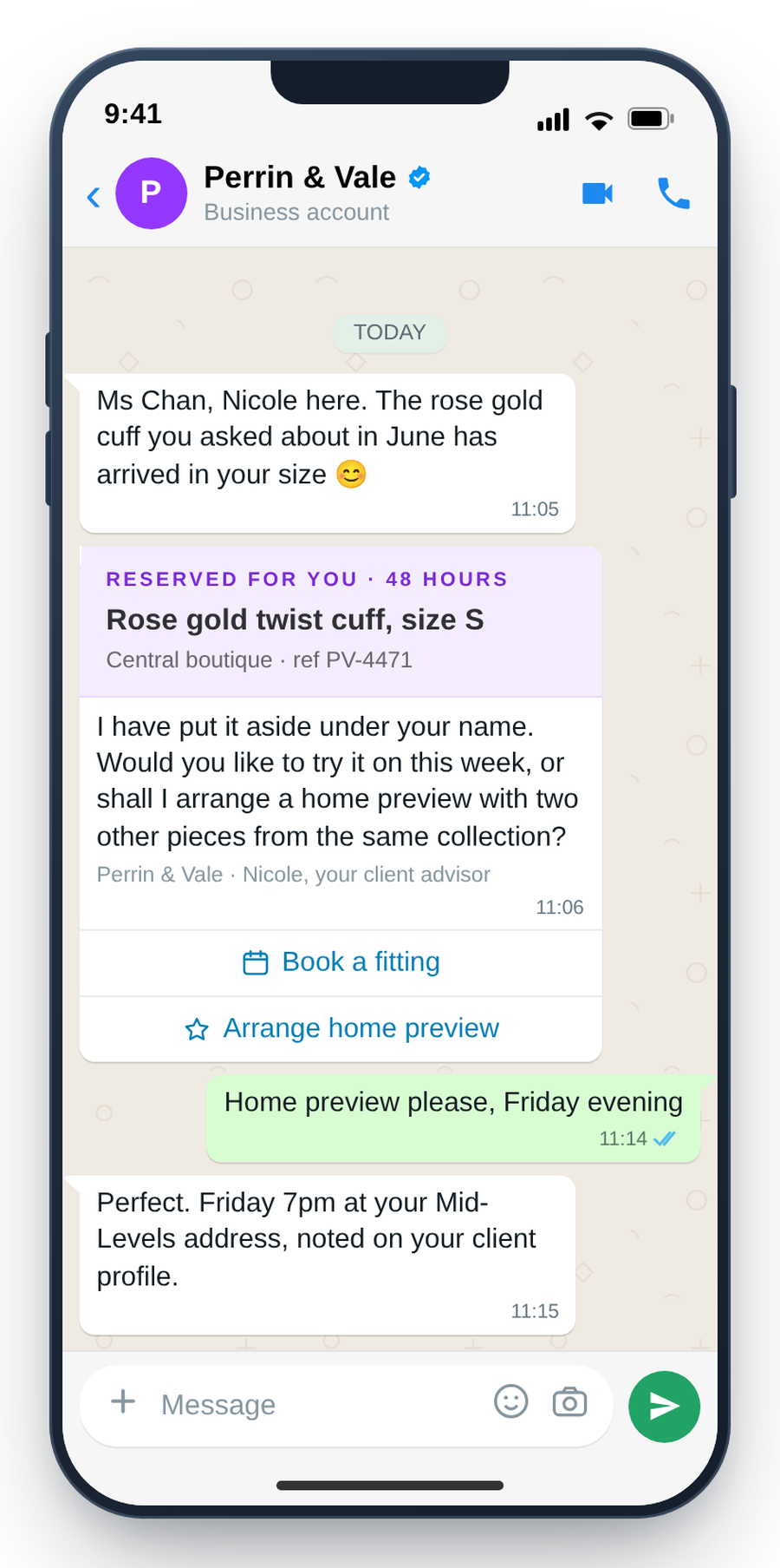WhatsApp clienteling message reserving a piece for a client with fitting and home-preview options