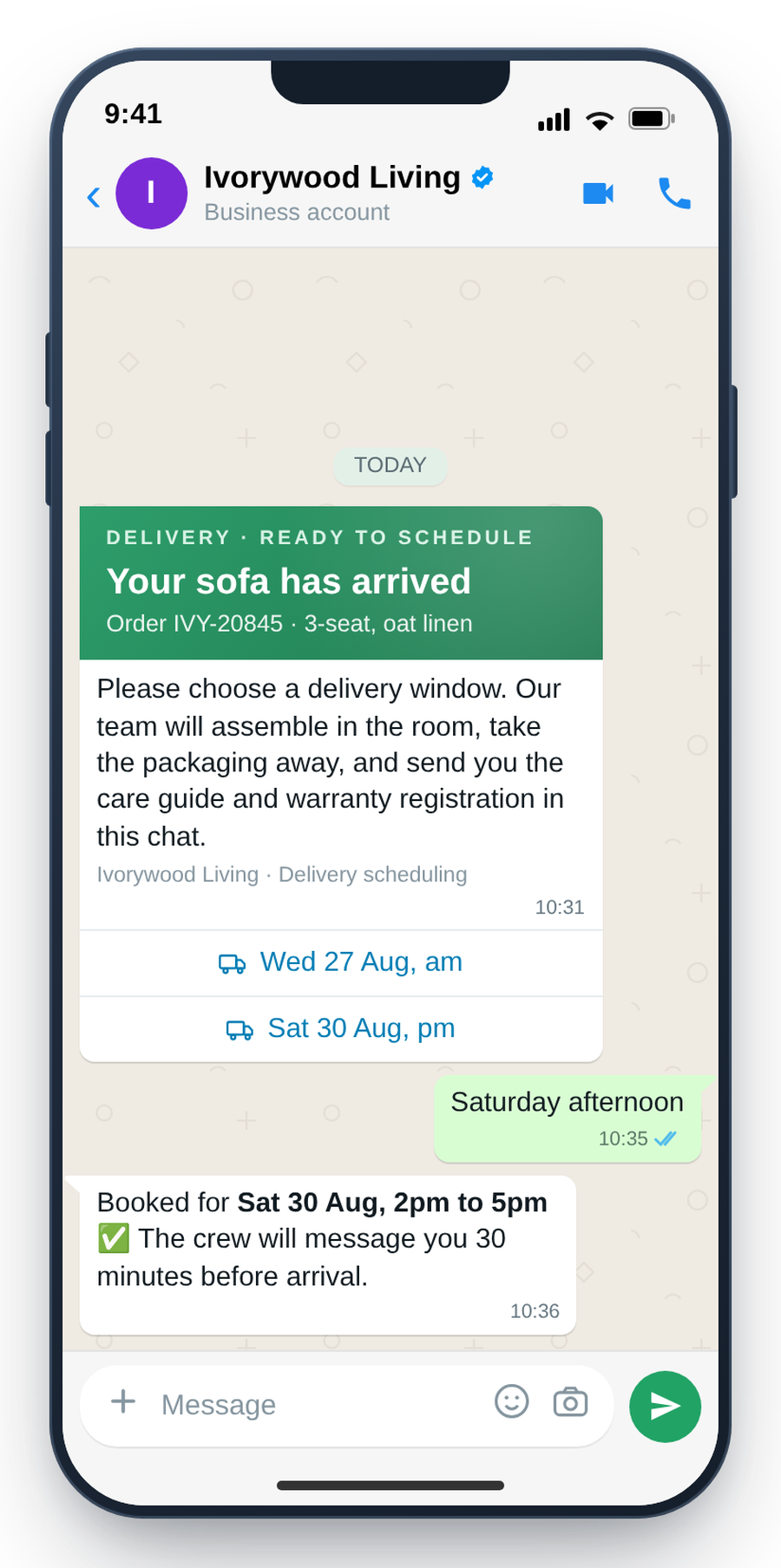 WhatsApp delivery scheduling message with selectable delivery windows for a furniture order