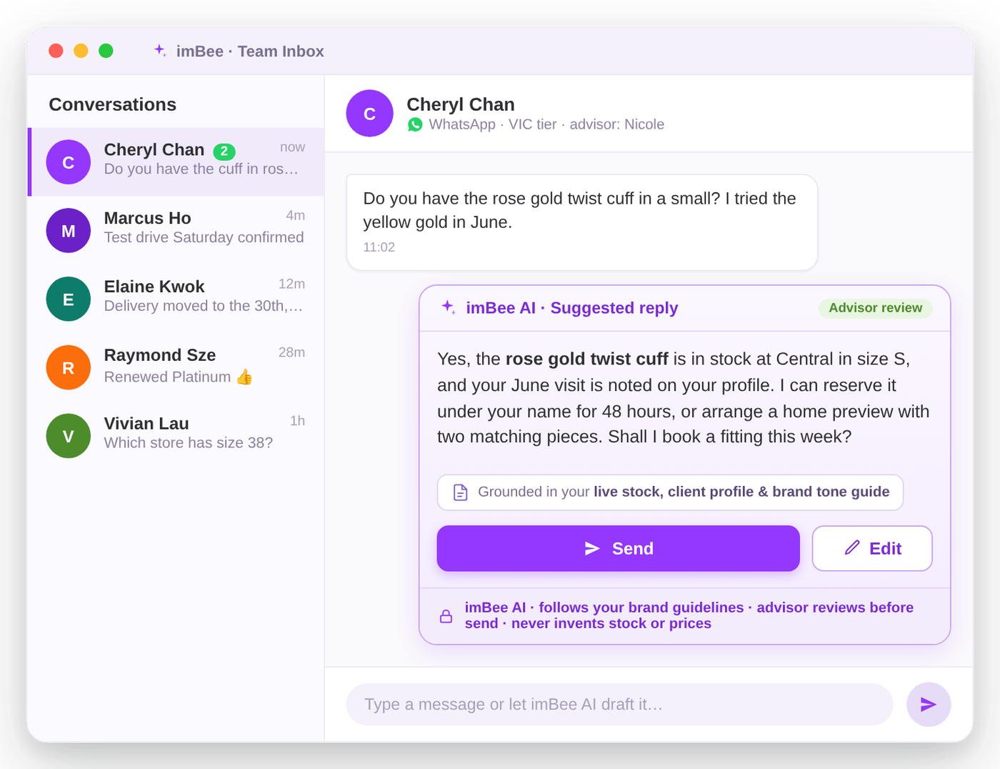 imBee AI drafting a governed, grounded reply in the imBee Team Inbox