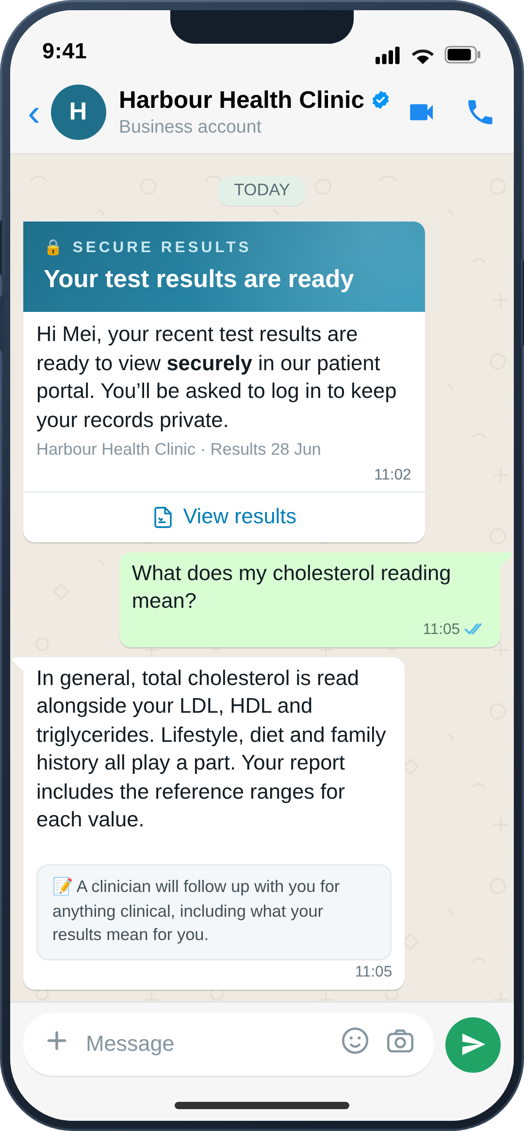 WhatsApp secure test-result delivery with a portal link