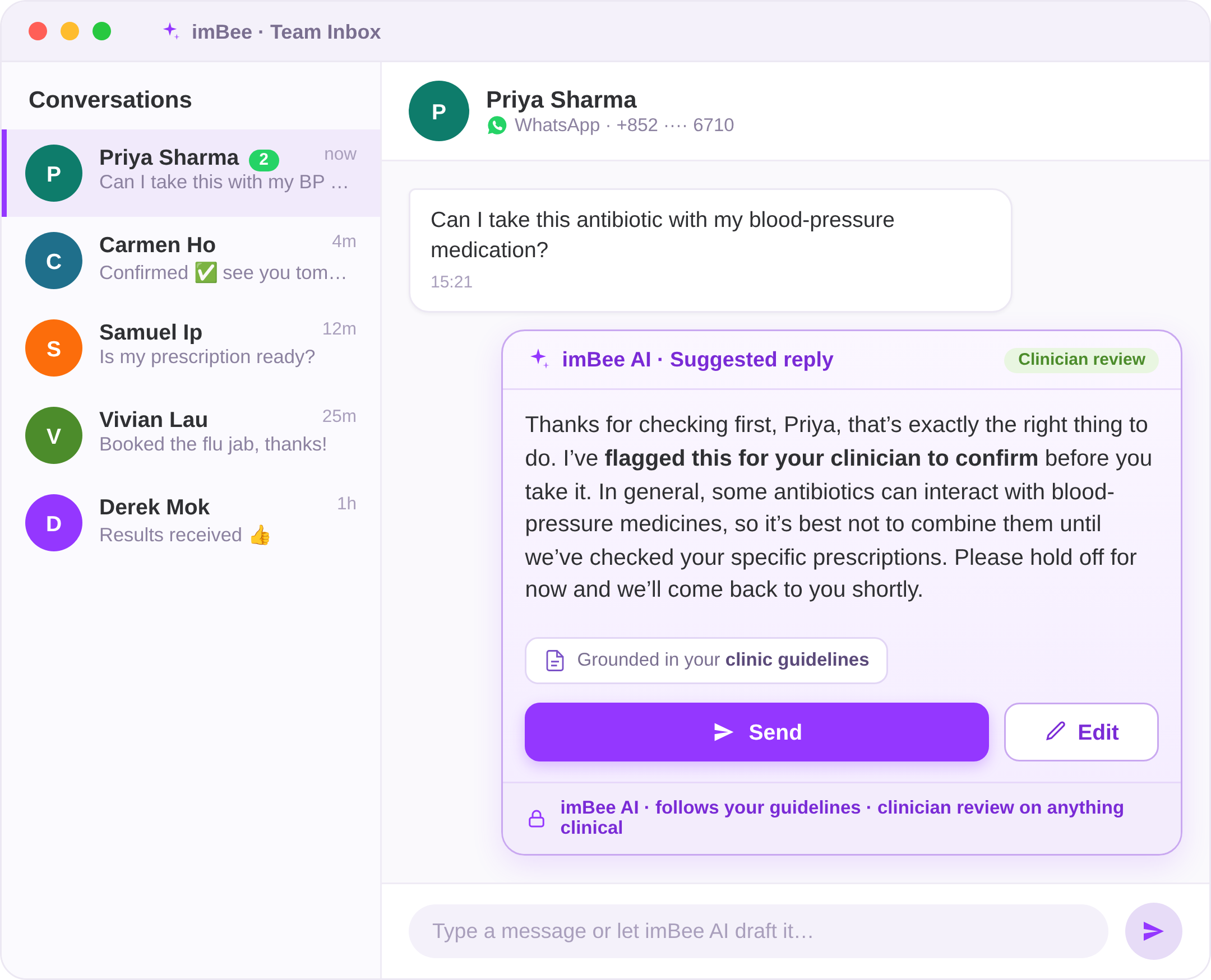imBee AI drafting a governed, grounded reply in the imBee Team Inbox