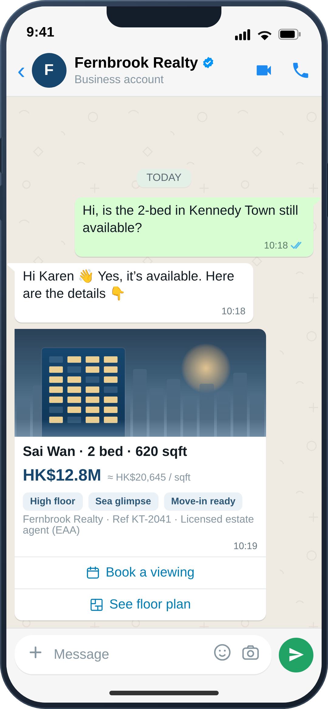 WhatsApp viewing booking with slot picker, location pin and agent contact card