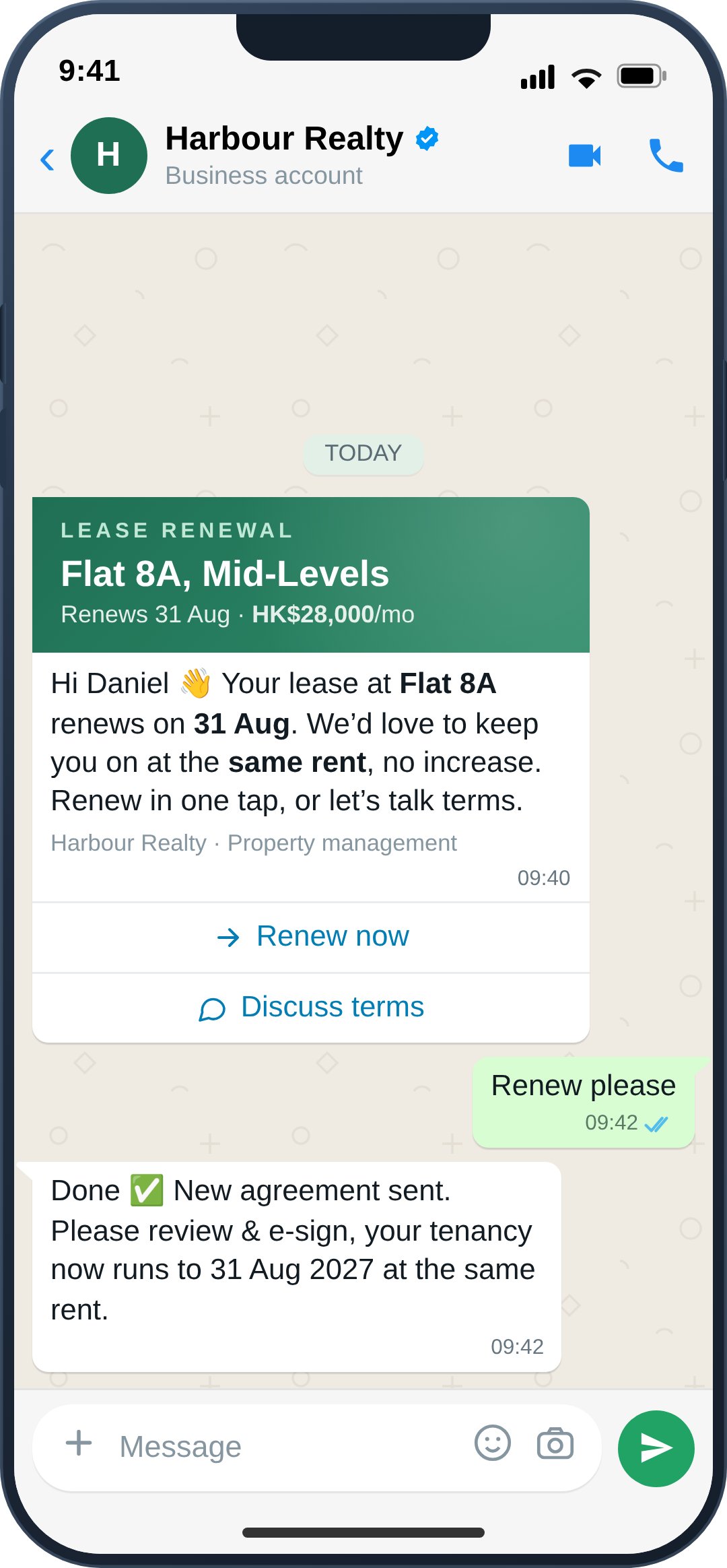 WhatsApp lease-renewal nudge with one-tap renew, chat-with-agent and notice options