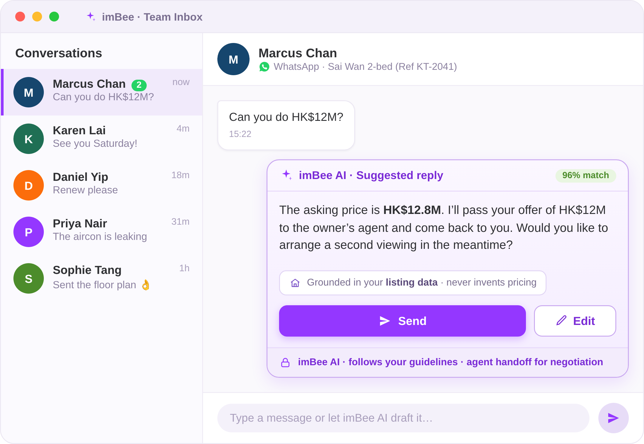 imBee AI drafting a governed, grounded reply in the imBee Team Inbox