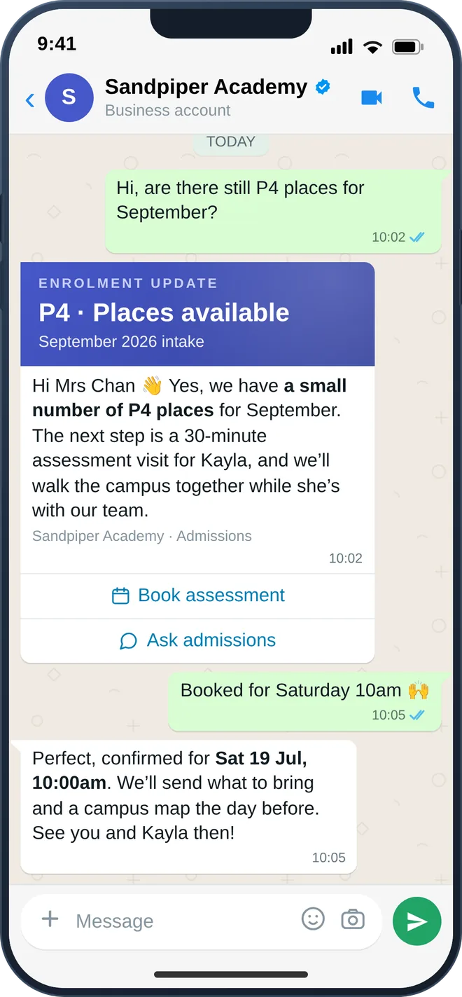 A parent enrolling a child on WhatsApp, with the place confirmed in the thread