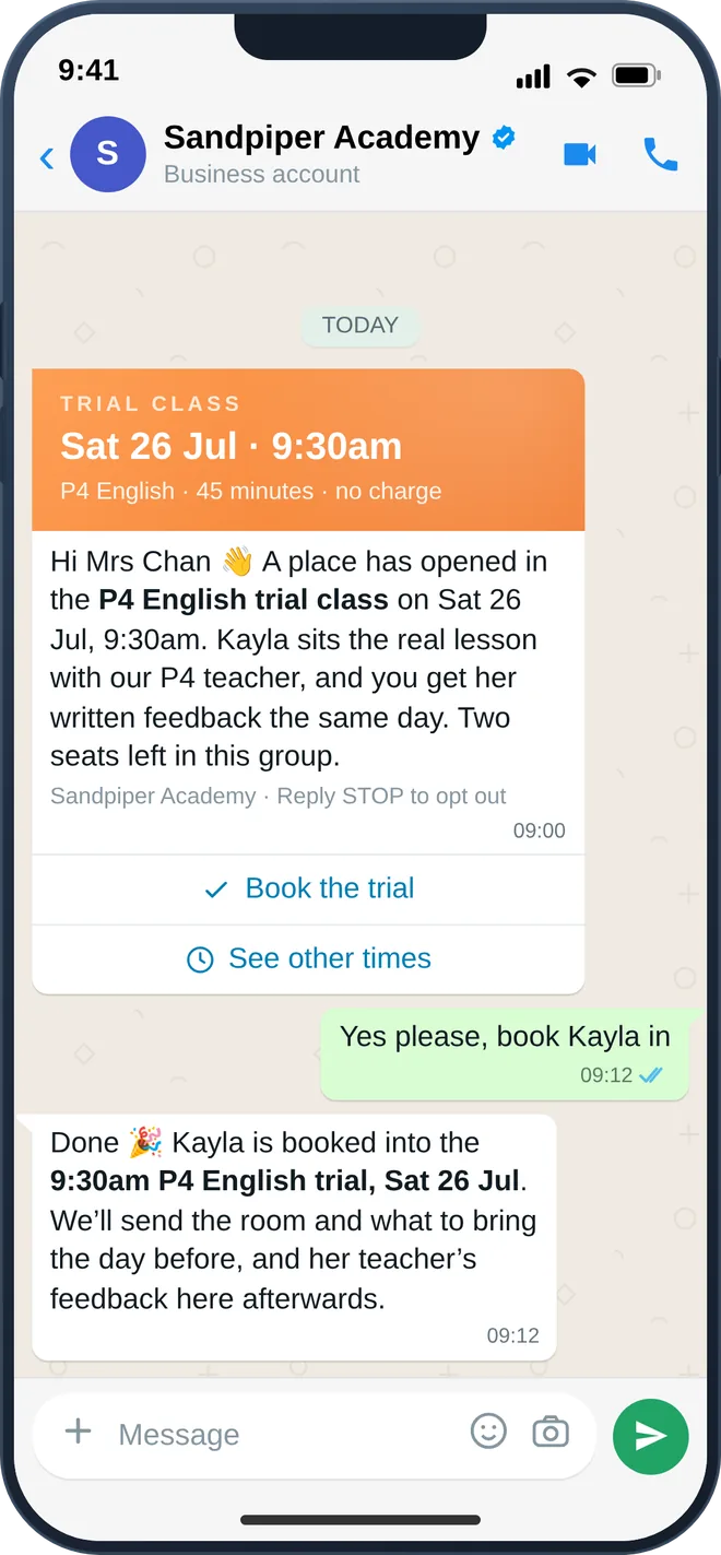 WhatsApp open-day invitation with RSVP buttons