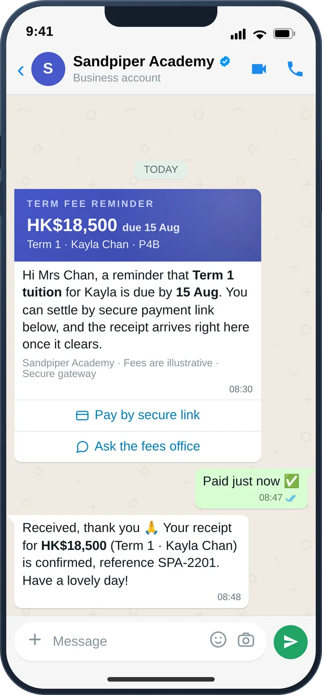 WhatsApp term-fee reminder with secure payment link