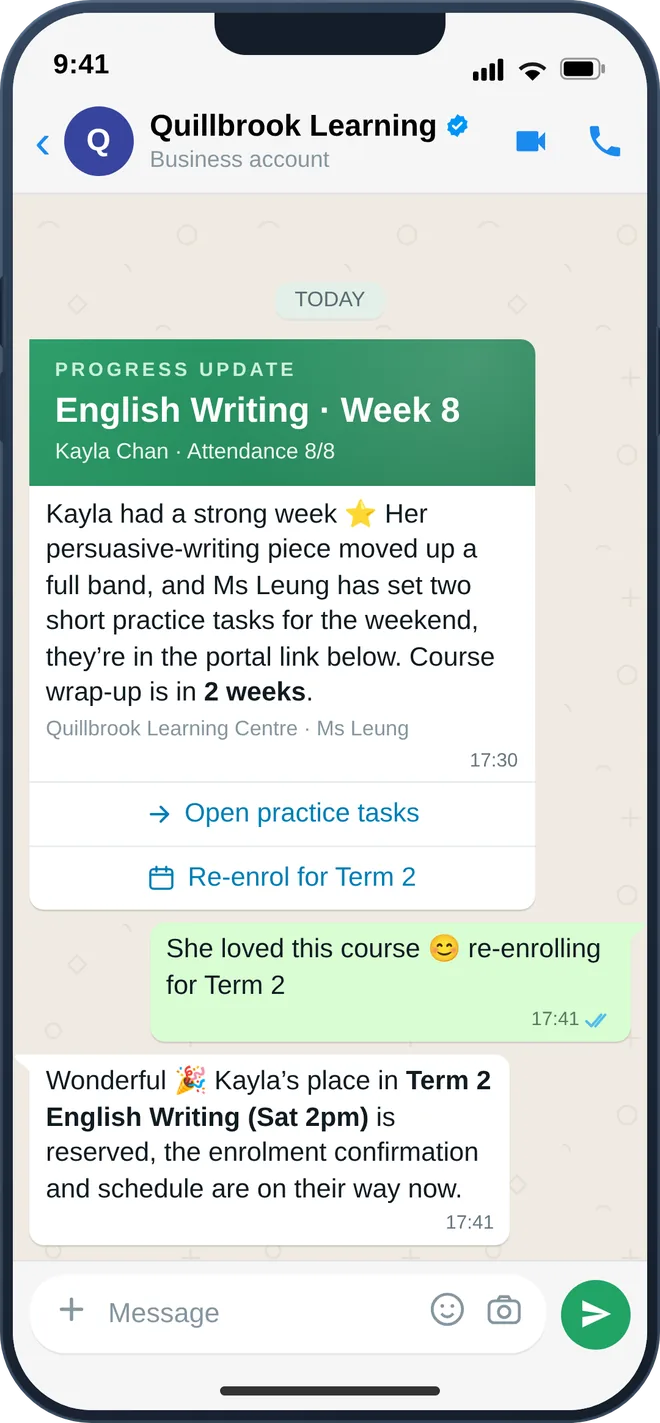 WhatsApp parent progress update with re-enrolment button