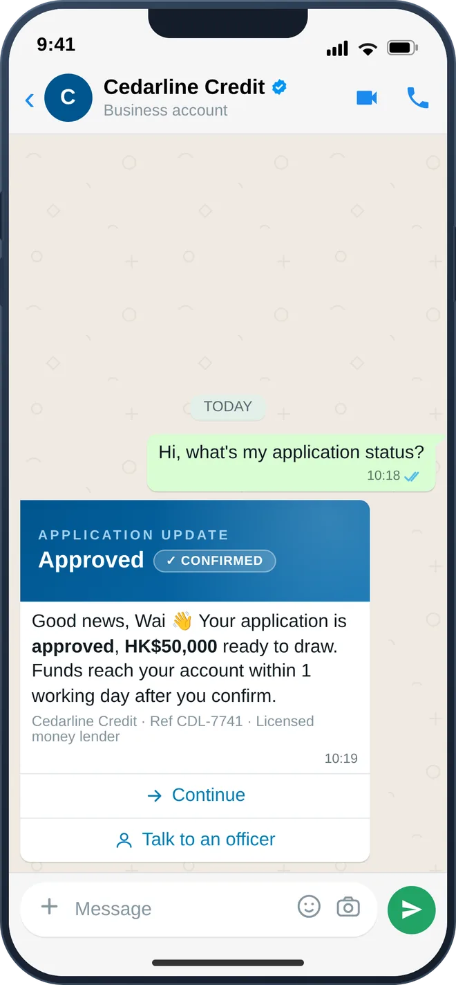 A customer asking about an application on WhatsApp and getting the status back in the thread