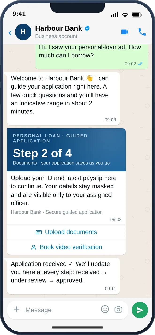 WhatsApp guided loan application with document upload and status updates