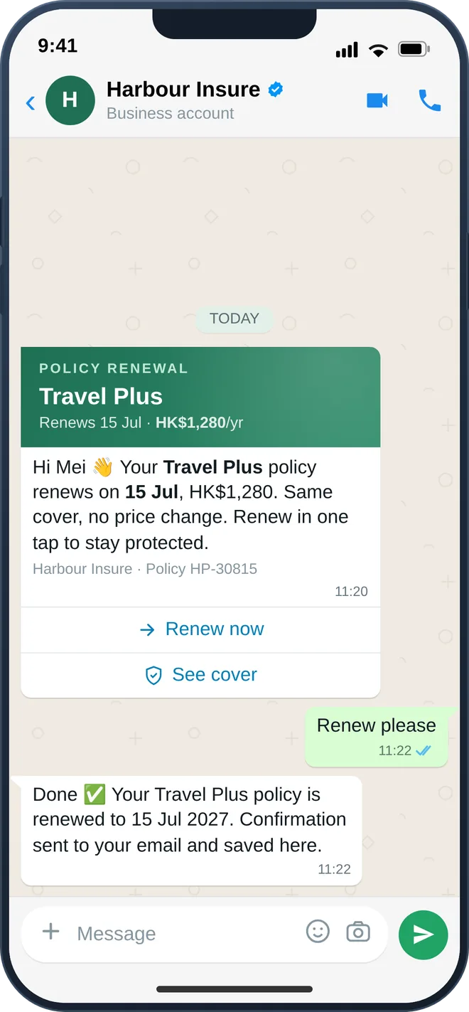 WhatsApp policy renewal reminder with one-tap renew