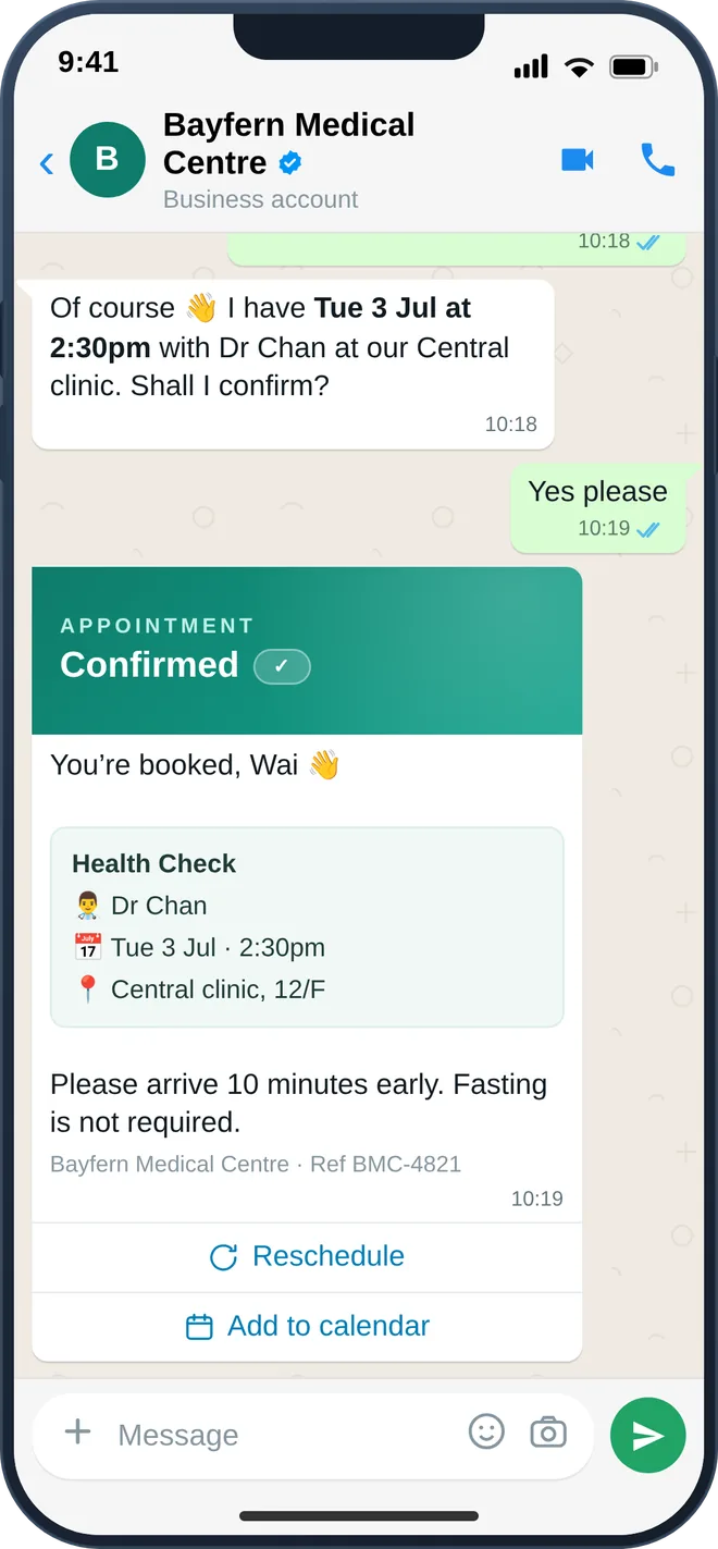 A patient booking a clinic appointment on WhatsApp, with the slot confirmed in the same thread