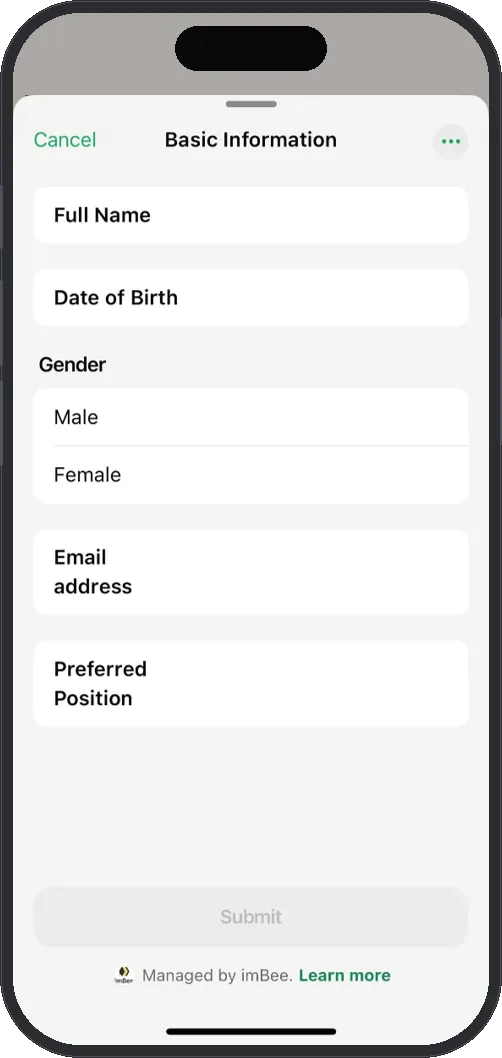 WhatsApp Form open inside the chat collecting patient name, date of birth and contact details with an in-chat Submit