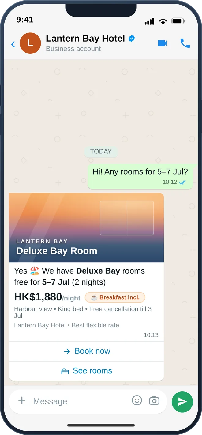 A guest booking a stay on WhatsApp and receiving the confirmation in the same thread