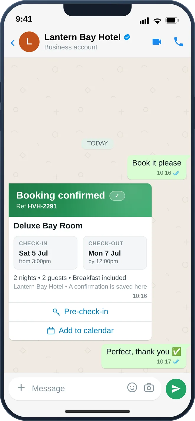 WhatsApp booking confirmation with itinerary and rate, grounded in the hotel PMS