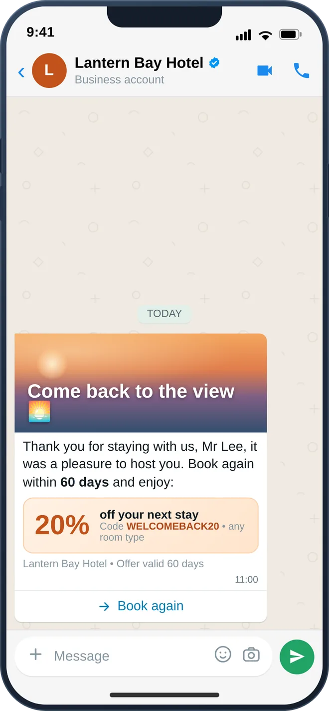 WhatsApp broadcast for post-stay loyalty, review request and win-back