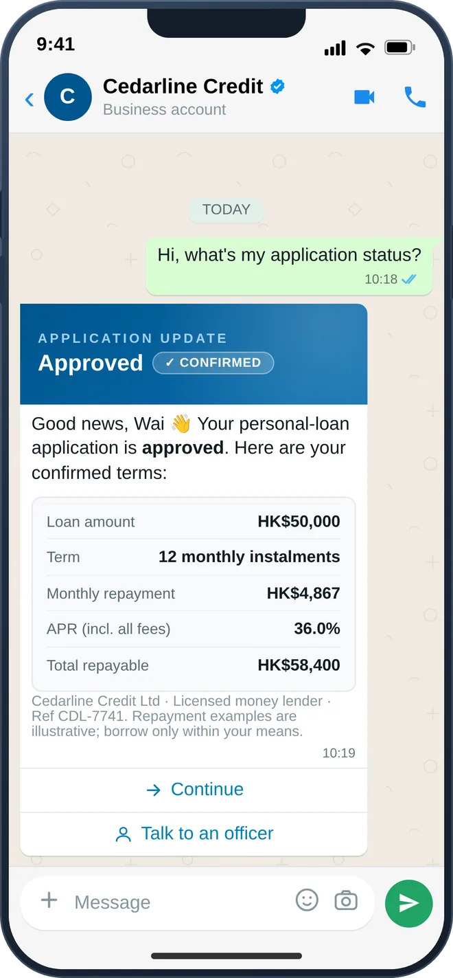 WhatsApp loan application and disbursement confirmation for a licensed lender