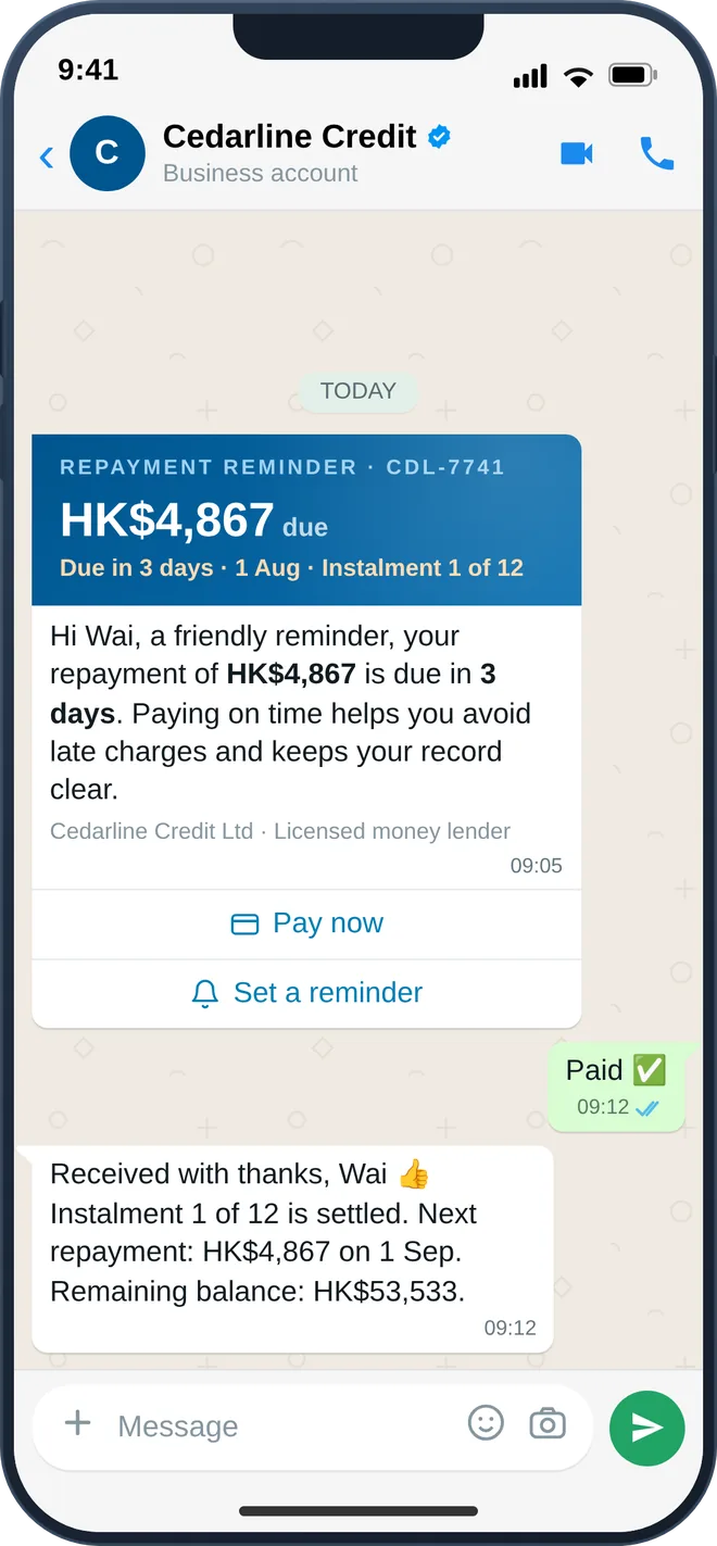 WhatsApp tiered repayment reminder with a one-tap pay link