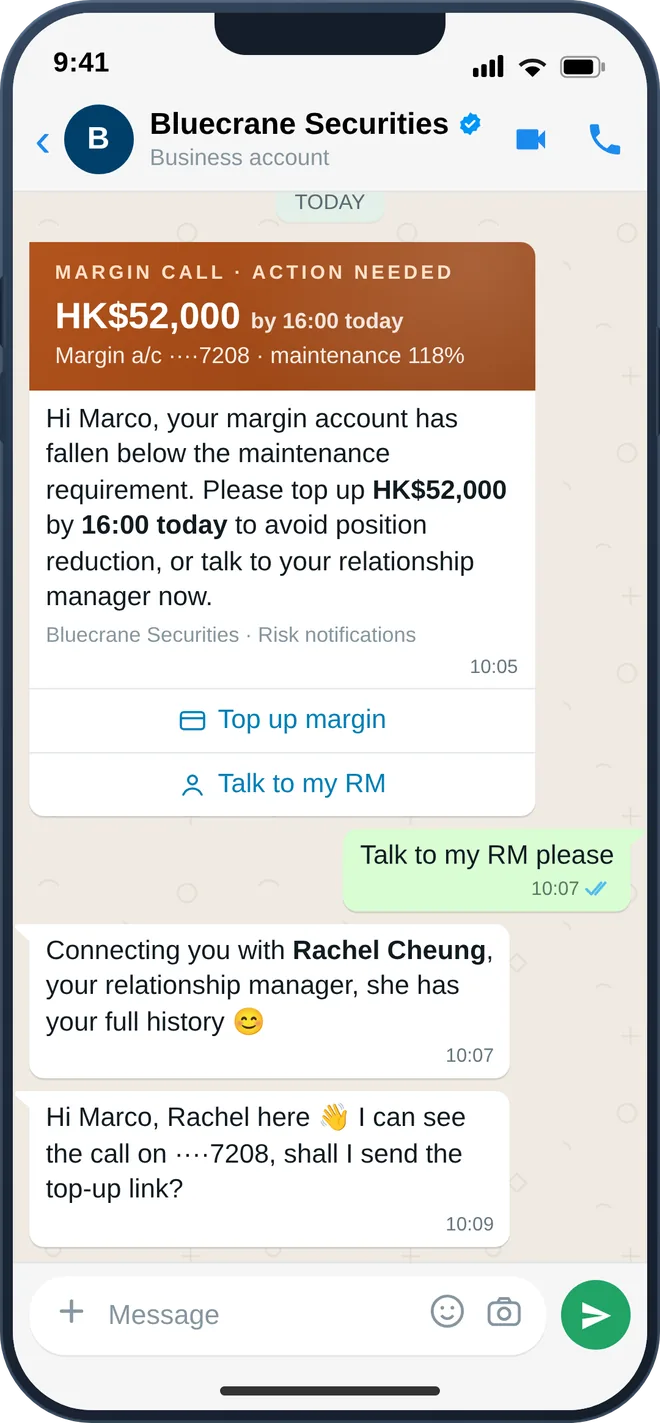 WhatsApp margin-call alert with one-tap escalation to a relationship manager