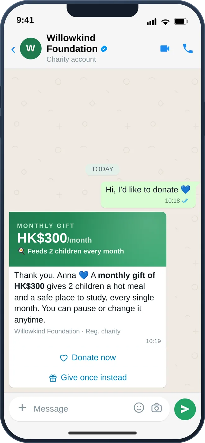 A donor giving on WhatsApp and receiving the tax receipt in the same thread