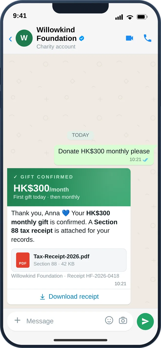 WhatsApp donation confirmation with an instant Section 88 tax receipt PDF in the thread