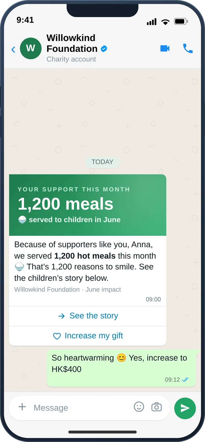 WhatsApp monthly impact update with a one-tap option to increase the gift