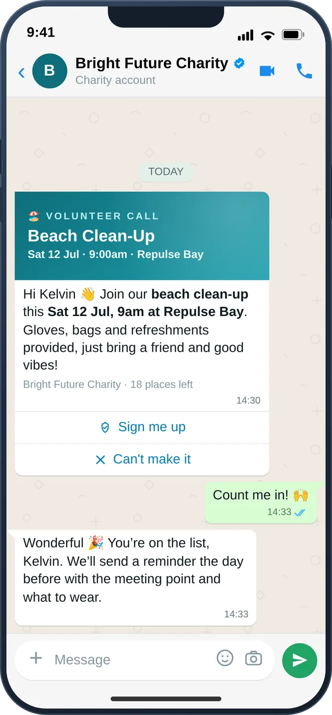 WhatsApp volunteer sign-up for a community event with one-tap confirmation