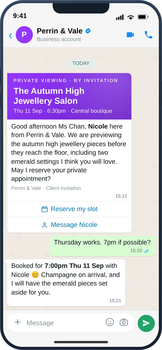 A client receiving a private-preview invitation from their advisor on WhatsApp