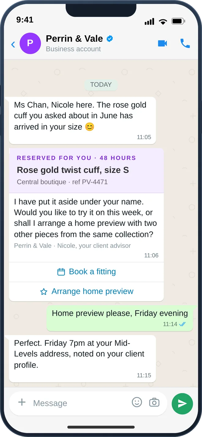 WhatsApp clienteling message reserving a piece for a client with fitting and home-preview options