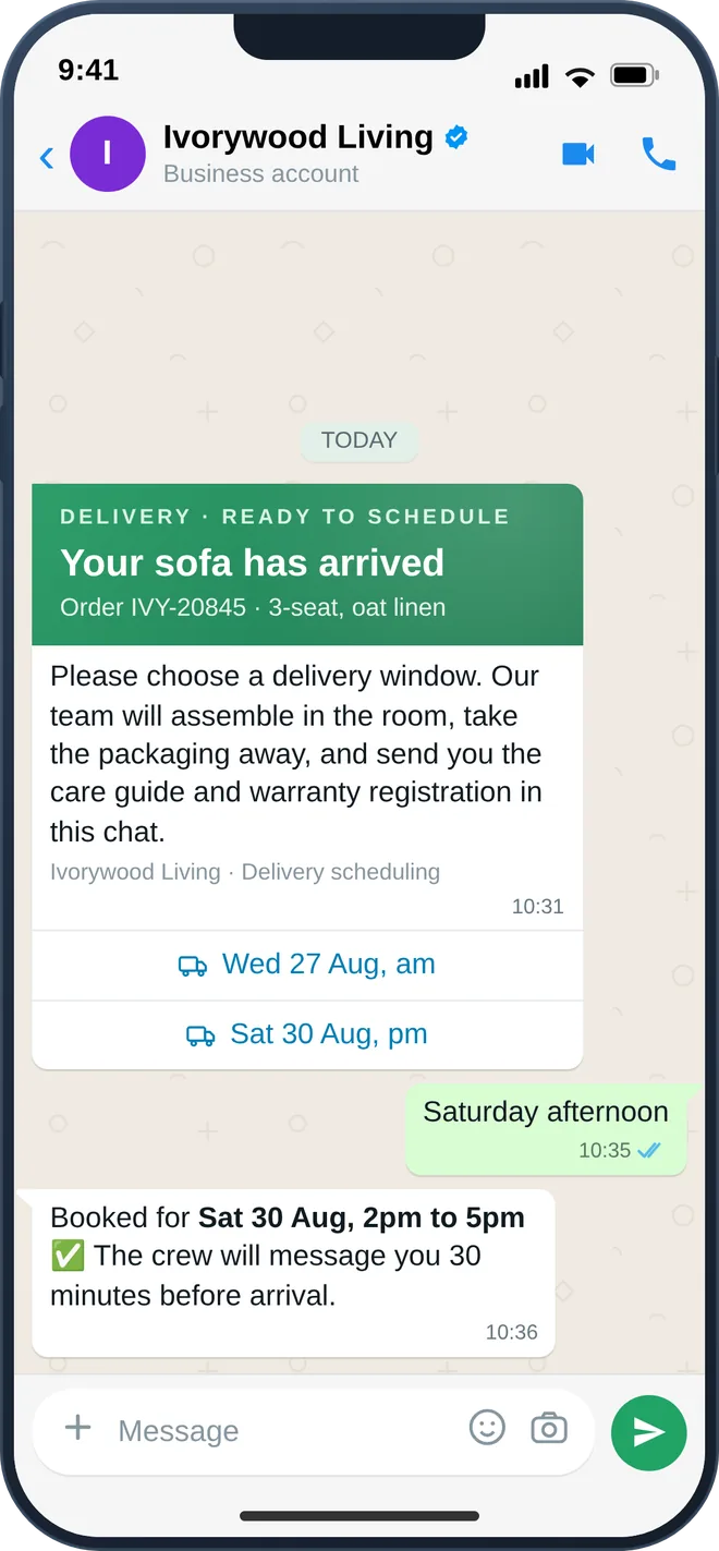WhatsApp delivery scheduling message with selectable delivery windows for a furniture order