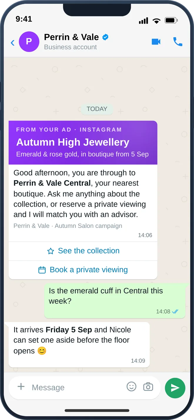 WhatsApp test-drive appointment confirmation with calendar and trade-in photo buttons