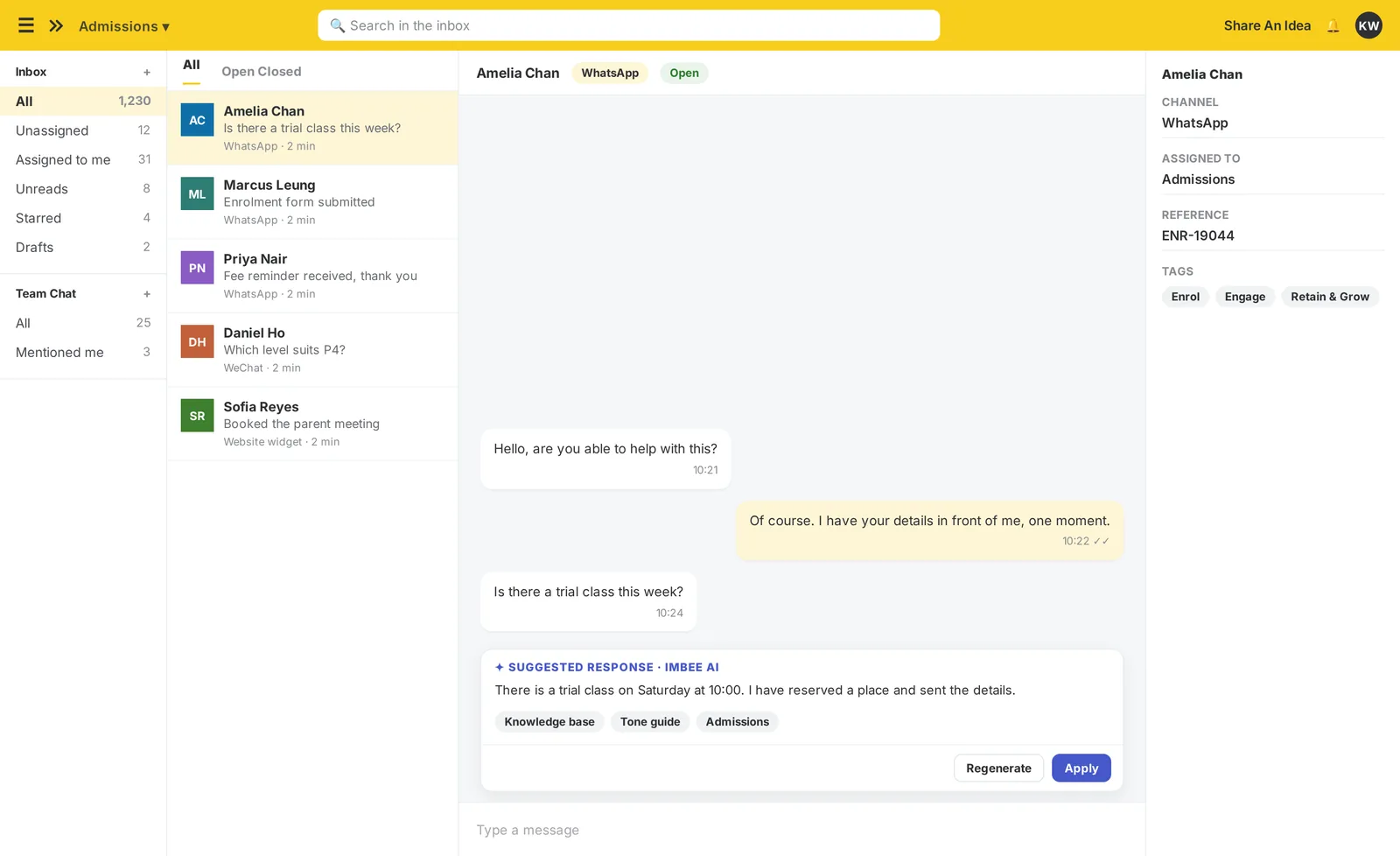 The imBee Team Inbox with imBee AI drafting a reply grounded in the centre’s own knowledge base, before a person sends it