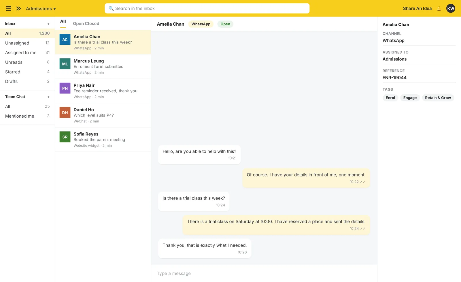 The imBee Team Inbox: every channel in one thread, the customer’s profile and history beside the conversation, and assignment and tagging without leaving it