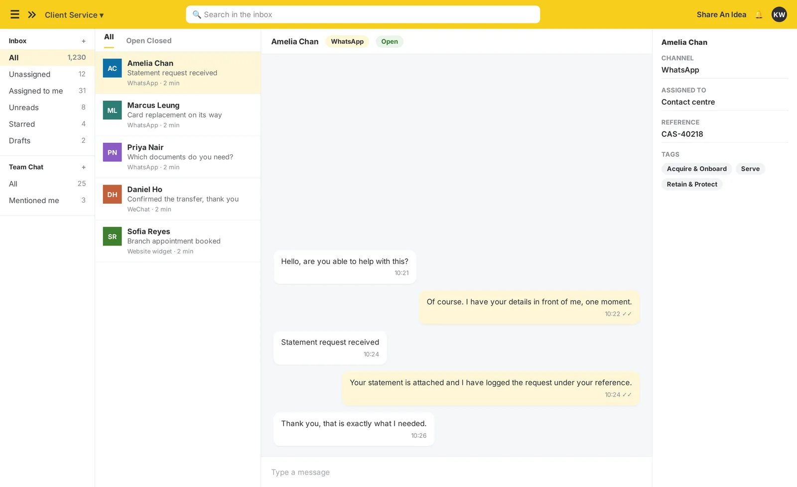 The imBee Team Inbox: every channel in one thread, the customer’s profile and history beside the conversation, and assignment and tagging without leaving it