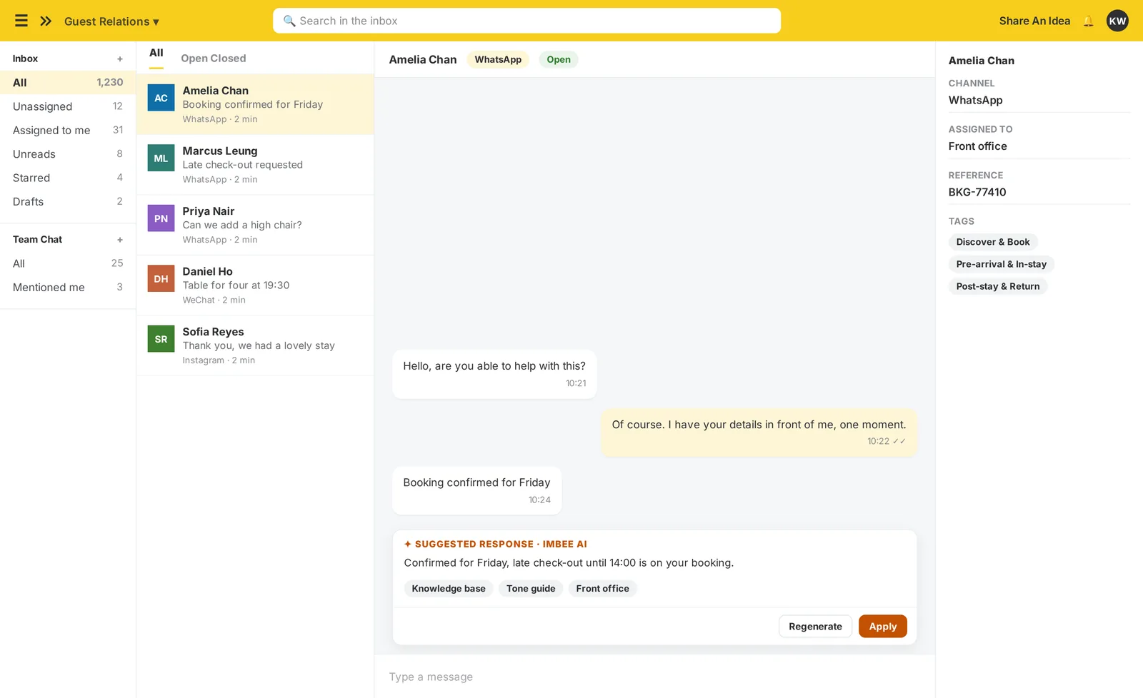 The imBee Team Inbox with imBee AI drafting a reply grounded in the property’s own knowledge base, before a person sends it