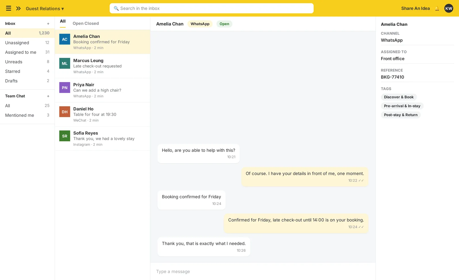 The imBee Team Inbox: every channel in one thread, the customer’s profile and history beside the conversation, and assignment and tagging without leaving it