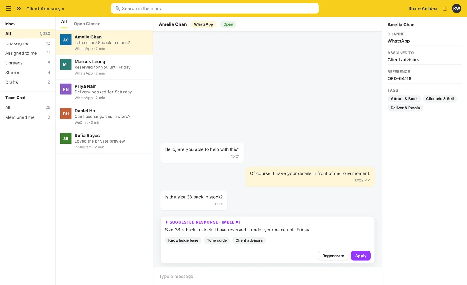 The imBee Team Inbox with imBee AI drafting a reply grounded in the store’s own knowledge base, before a person sends it