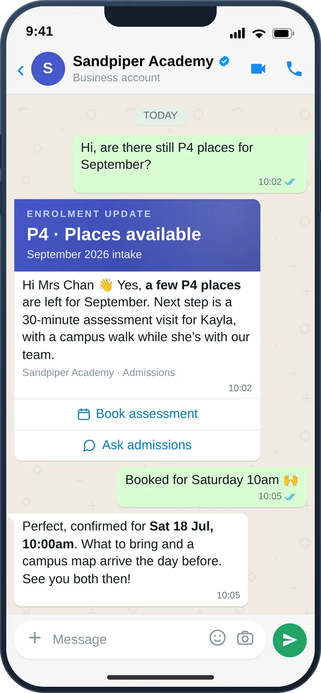 A parent enrolling a child on WhatsApp, with the place confirmed in the thread