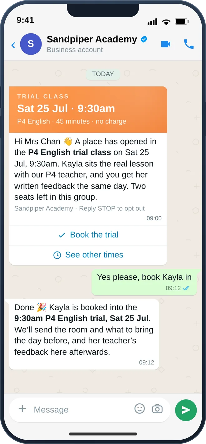 WhatsApp open-day invitation with RSVP buttons