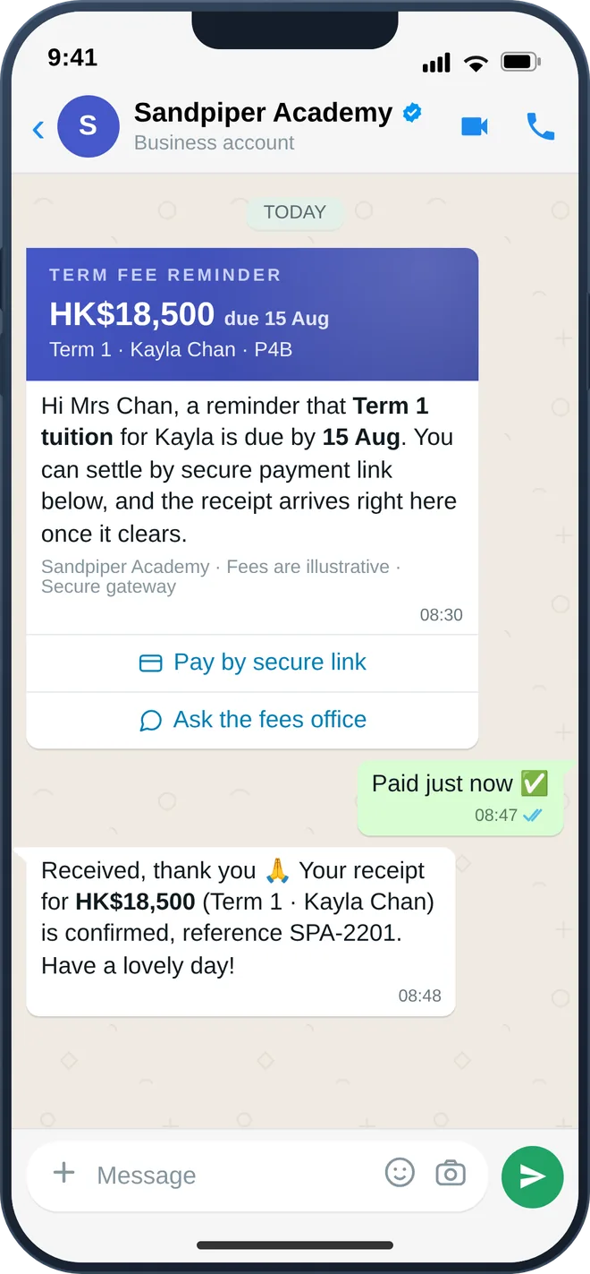 WhatsApp term-fee reminder with secure payment link