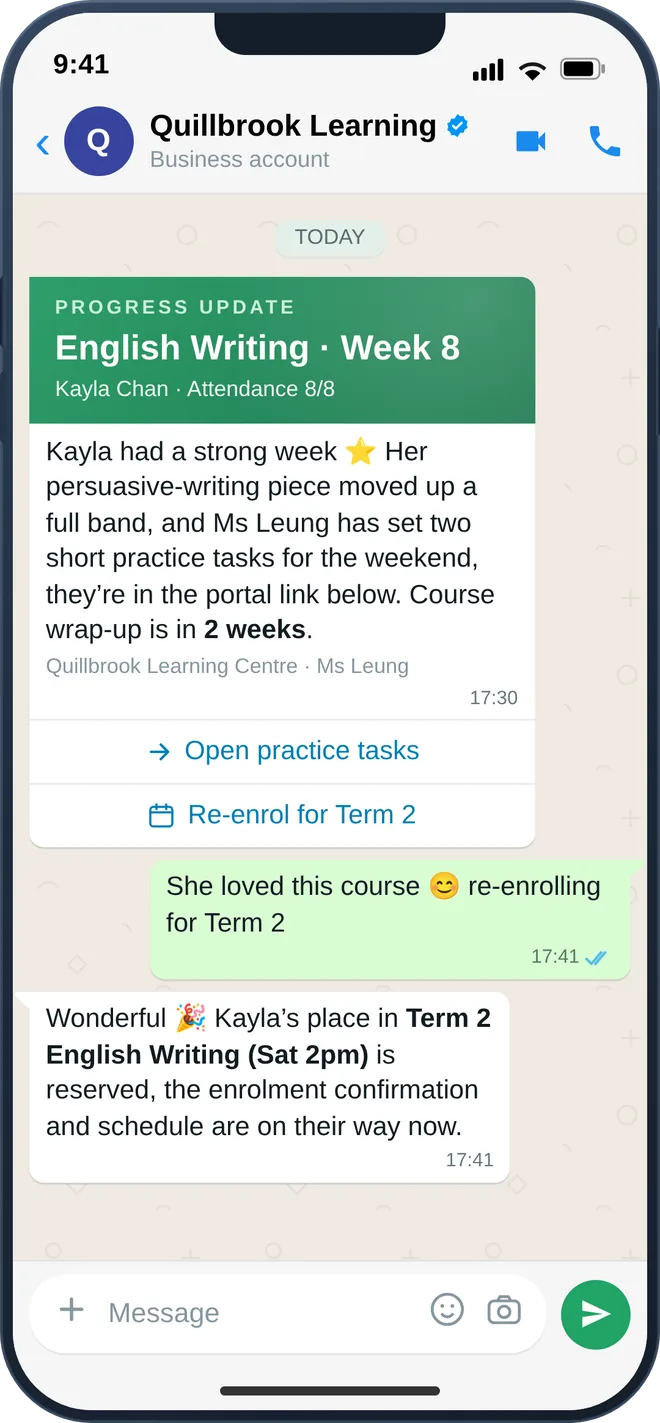 WhatsApp parent progress update with re-enrolment button