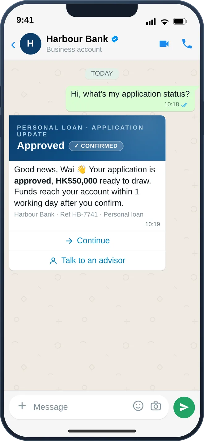 A customer asking about an application on WhatsApp and getting the status back in the thread