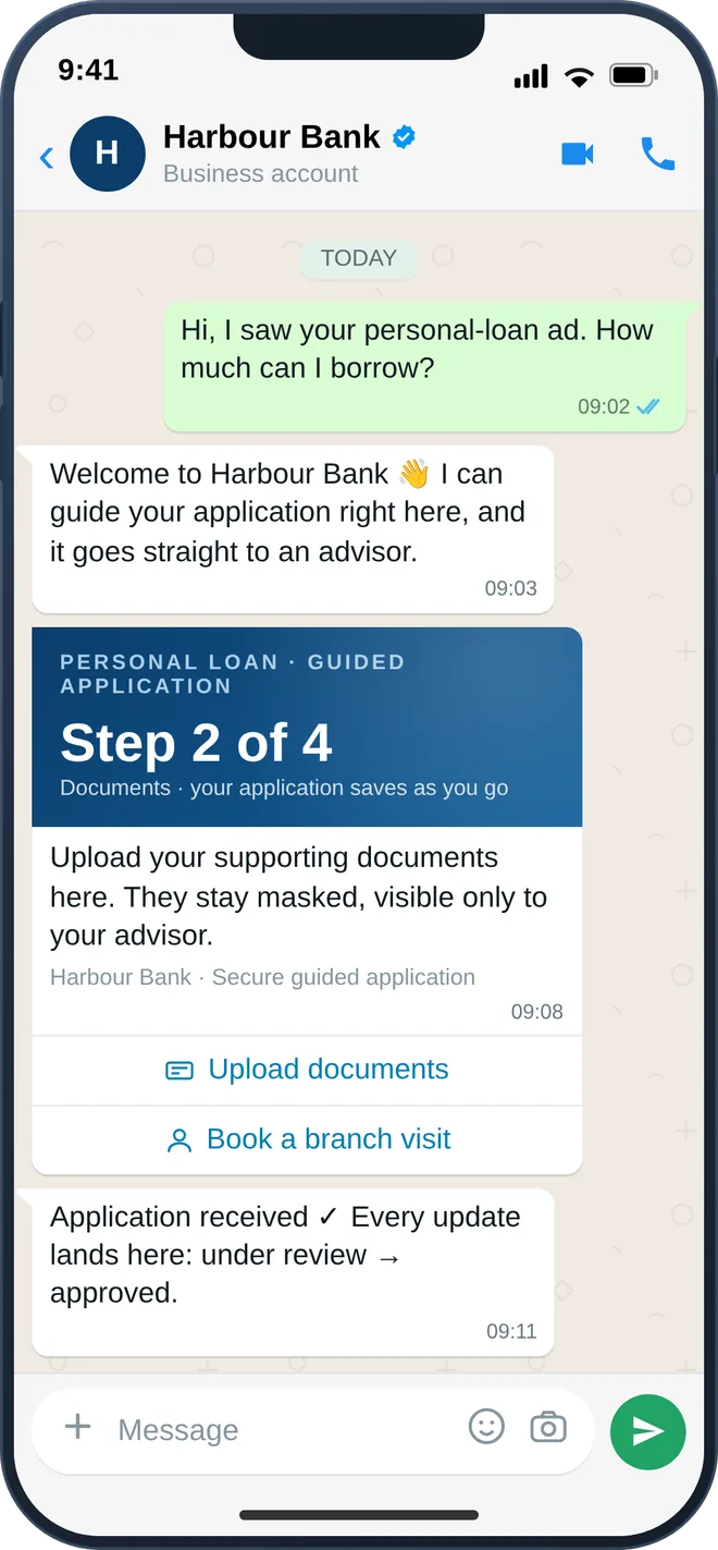 WhatsApp guided loan application with document upload and status updates
