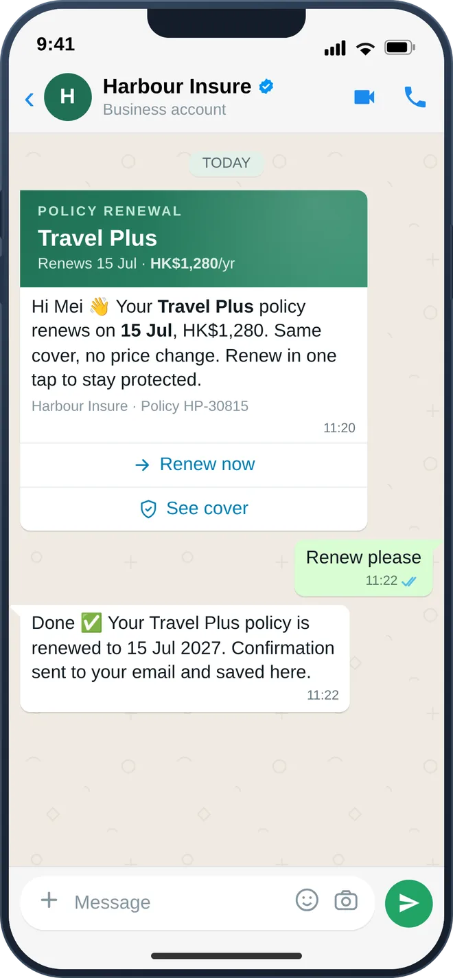 WhatsApp policy renewal reminder with one-tap renew