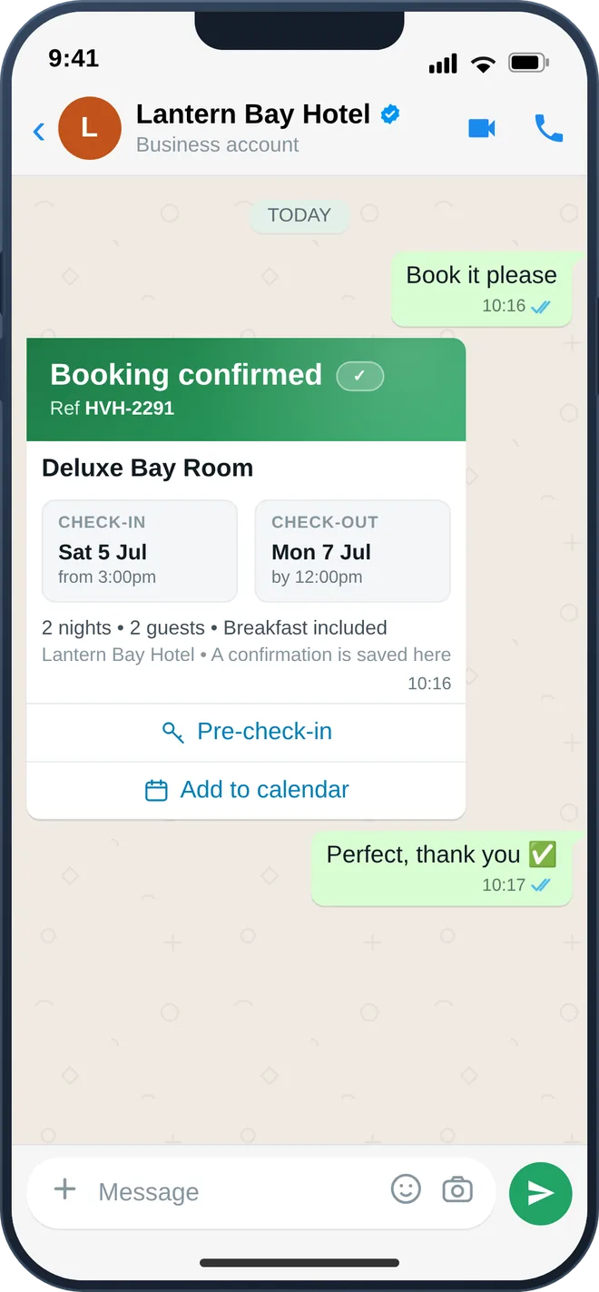 WhatsApp booking confirmation with itinerary and rate, grounded in the hotel PMS