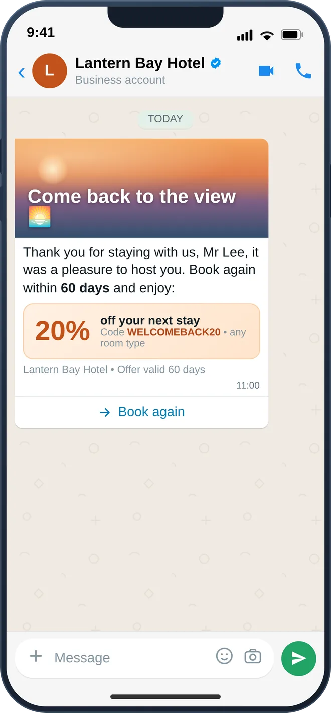 WhatsApp broadcast for post-stay loyalty, review request and win-back