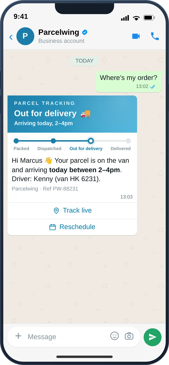 A shipper asking where a parcel is and getting a live tracking answer on WhatsApp