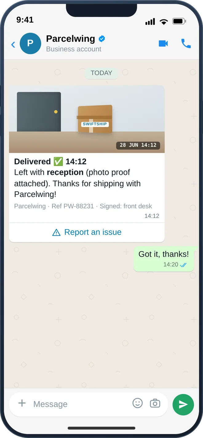 WhatsApp delivered notification with time-stamped photo proof of delivery and signature