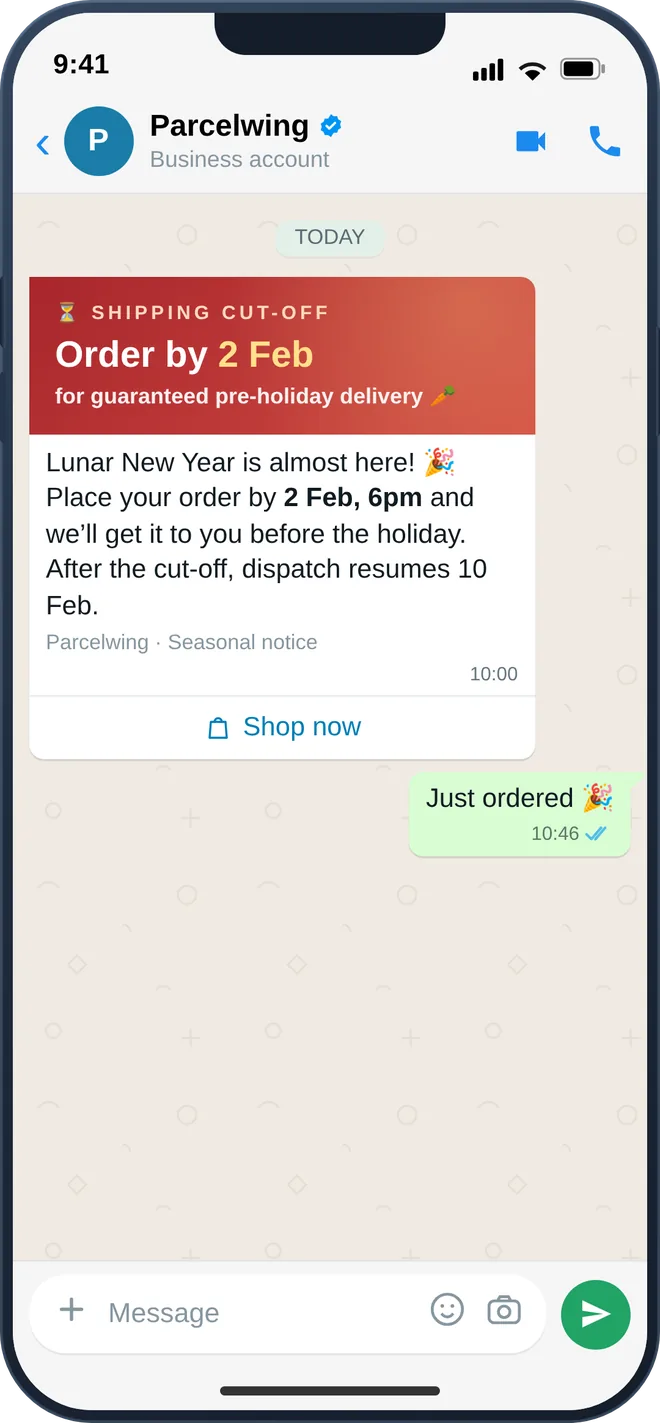 WhatsApp peak-season shipping cut-off broadcast to opted-in shippers